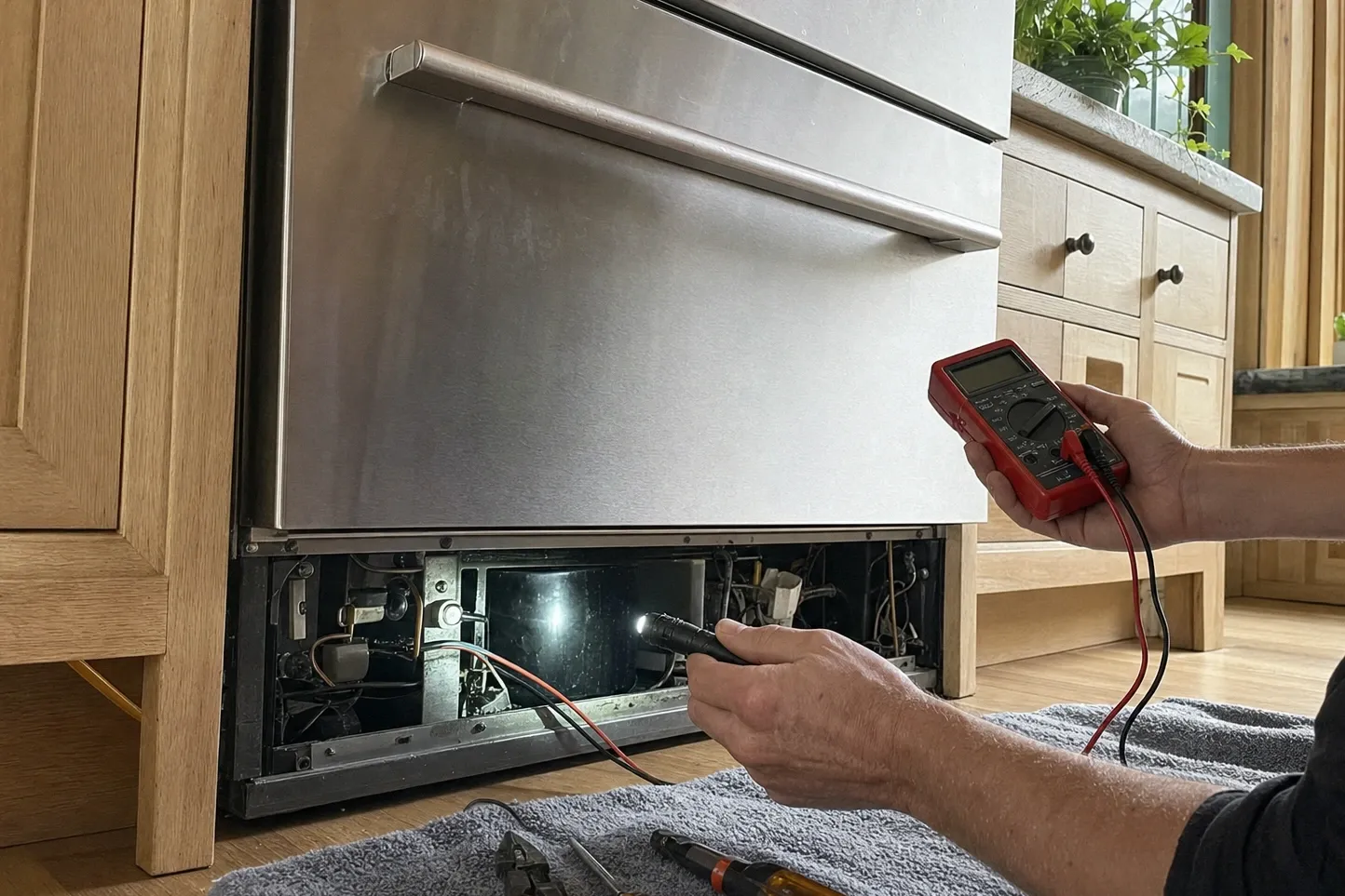 Hands with a multimeter and a lit probe at the open compressor bay of a stainless undercounter refrigerator