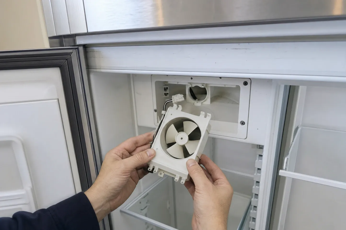 Hands holding an evaporator fan assembly in front of the open rear panel of an emptied refrigerated cabinet
